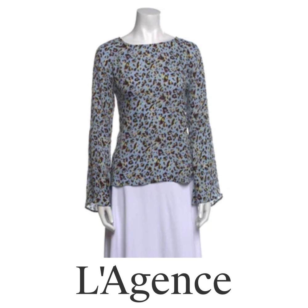 L'AGENCE Blue Leopard Print Bell Sleeve Blouse Top XS Animal Print Keyhole Back